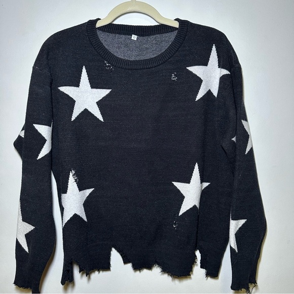 Sweaters - Black Distressed and Sweater with White Stars Size Large